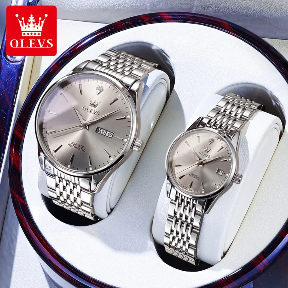 OLEVS 6635 Couple Watches Simple Casual Automatic Mechanical Wateproof Luminous Date Week For Lover His and Her