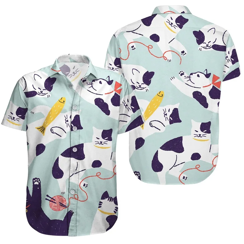 thumbnail image 1 of Camisa de manga corta con botones para hombre, informal, de verano, con estampado 3D, divertida, de gato y animal, estilo hawaiano, para playa, regalos de cumpleaños, 1 of 5