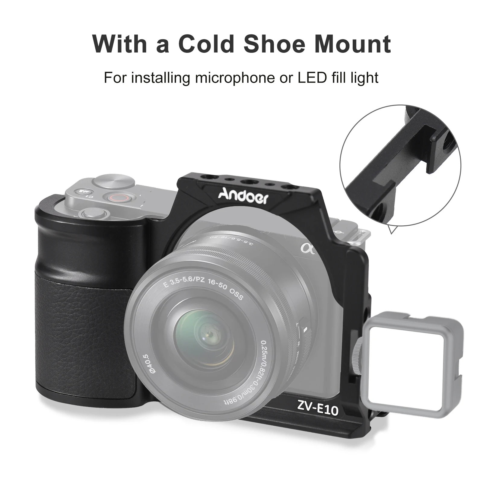 Andoer Camera Cage Aluminum Alloy Video Cage with Cold Shoe Mounts Numerous 1/4 Inch Threads for Sony ZV-E10 Vlog Camera