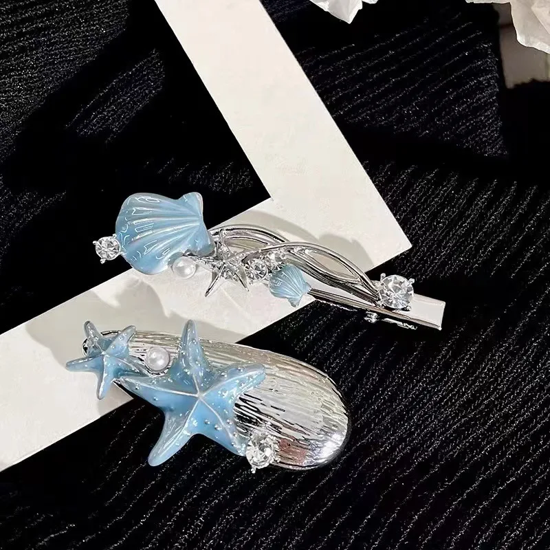 

Set of hair clips Blue Starfish Hair Clips with Shell, Pearl hair accessories clip, Top Hair and Side clip for hair