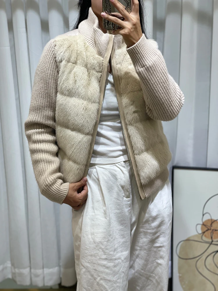 Women Winter Warm Natural Goose Down Puffer Jacket Cashmere Wool Jackets Real Mink Fur Coat Thick Female Outwear Coat