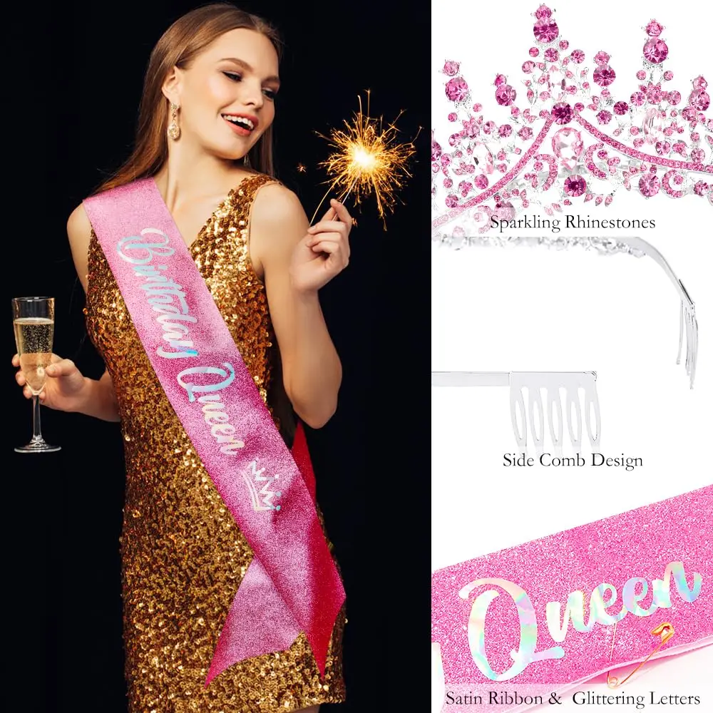 Pink Birthday Queen Sash Tiaras Crowns For Women Girls Crystal Princess Tiara Rhinestone Headbands Quinceanera Happy Birthday jewelry accessories,hair accessory,hair headdress,hair band crown