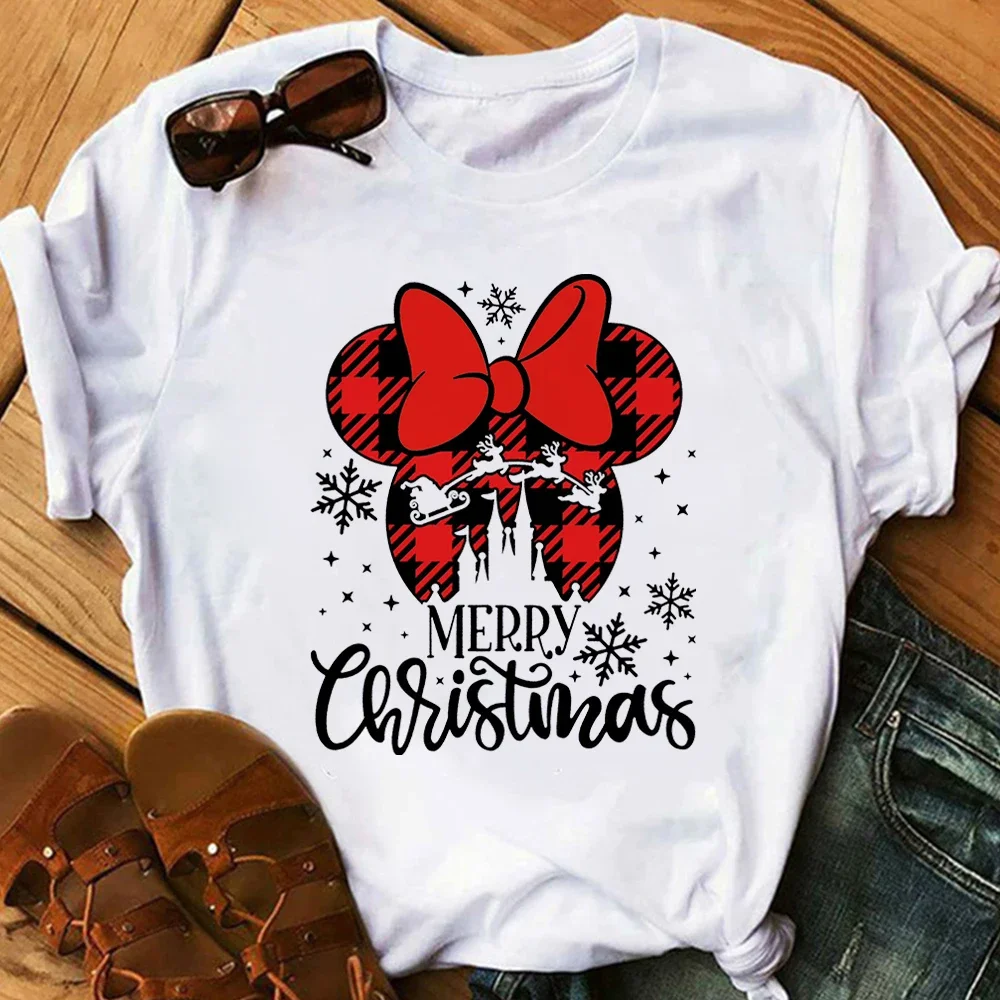 

Fashion Women T-shirts Merry Christmas Disney Mickey Print Aesthetic Clothes Xmas Eve Vibes White Harajuku Blouses Fine Gift