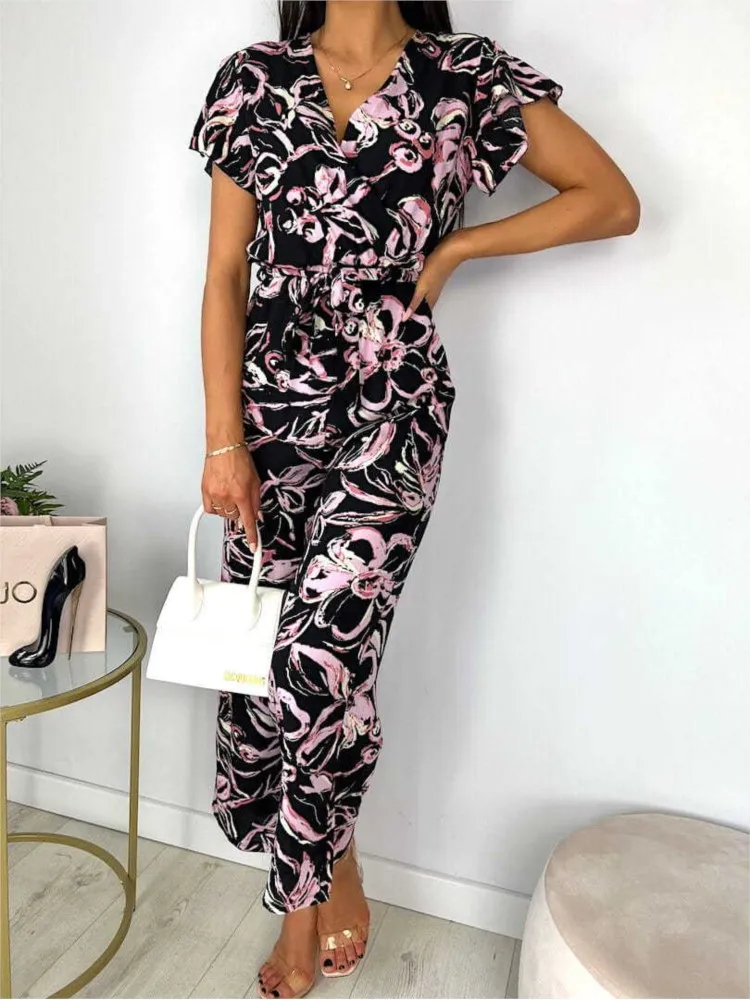 2024 Summer V Neck Sleeveless Jumpsuit Women Ruffles Print Jumpsuit Clubwear Fashion Casual Lace Up Female Elegant Romper