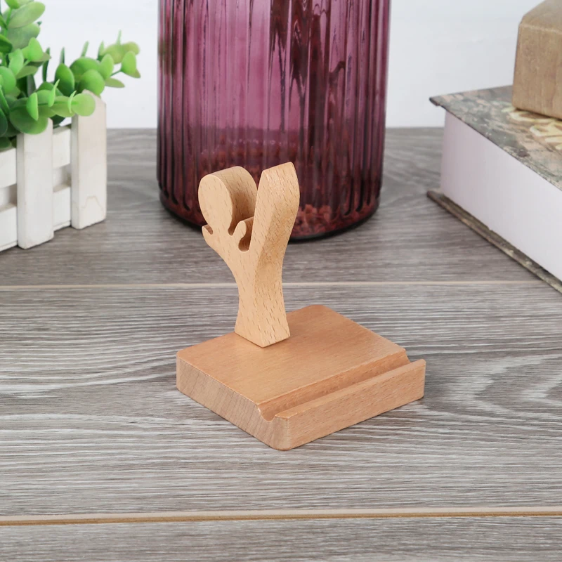 Wooden Mobile Phone Stand Portable Cartoon Solid Wood Smartphone Holder Creative Desktop