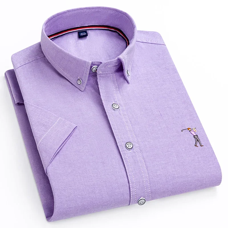Casual Short Sleeved Shirt Summer Men Short Sleeve Dress Shirts Embroidery Solid Color Turn Down Collar