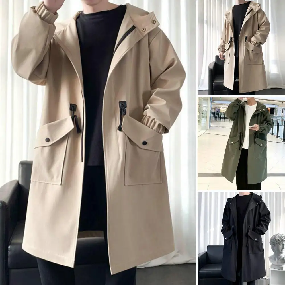 

Men Trench Coat Hooded Loose Mid Length Big Pockets Long Sleeve Windproof Solid Color Zipper Closure Anti-wrinkle Elastic Cuff S