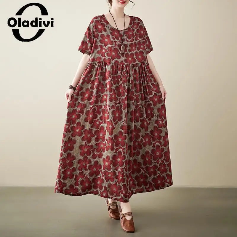 

Oladivi Fashion Print Short Sleeve Boheiman Long Dress 2023 Summer Boho Beach Wear Vintage Ladies Oversized Dresses 5XL 8XL 9203