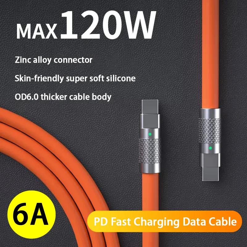 

Супербыстрый зарядный кабель 120 Вт 6 А для IPhone 14 13 12 11 Pro Max Mini XS XR, силиконовый PD USB-кабель для быстрой зарядки для Huawei Samsung