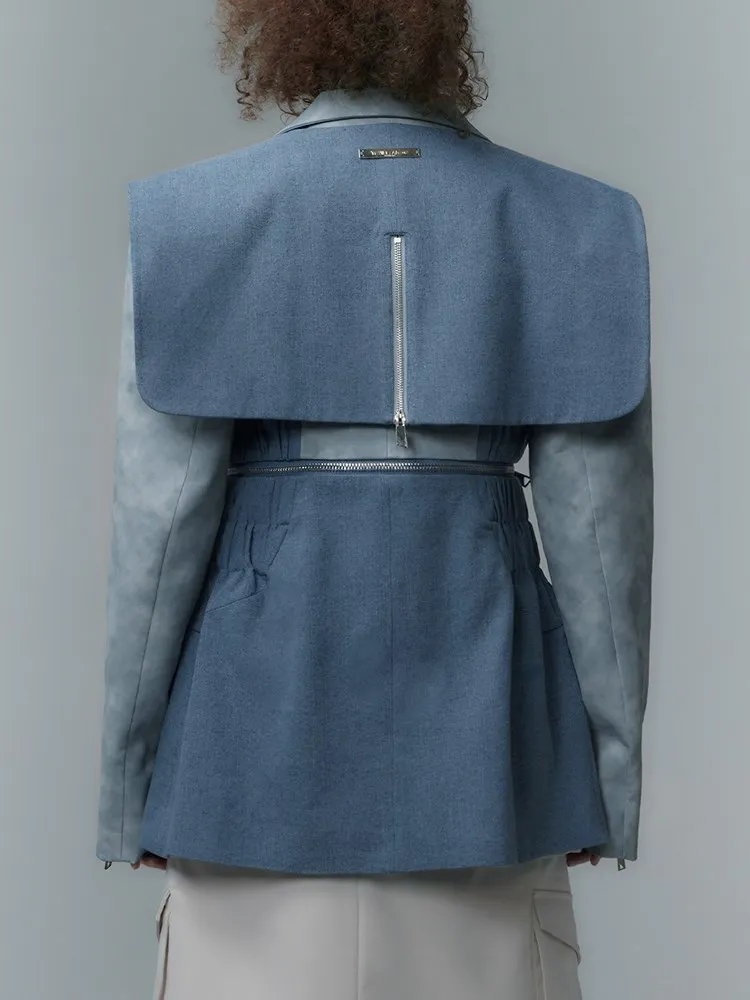 KBQ Colorblock Detachable Hem Blazers For Women Notched Collar Long Sleeve Spliced Zipper Loose Casual Blazer Female Fashion New