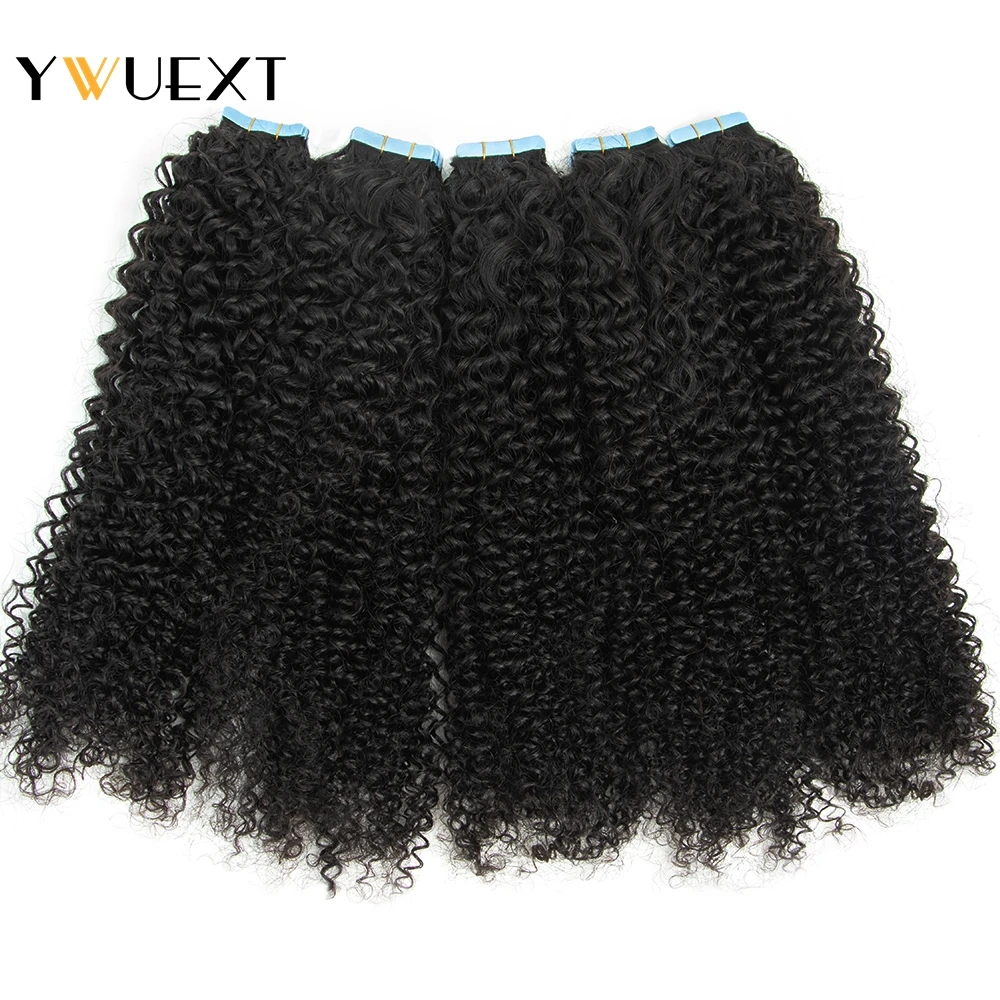 YWUEXT Kinky Curly Tape In Human Hair Extensions 10"-24" Afro Curl Remy Skin Weft Tape Hair Natural Color