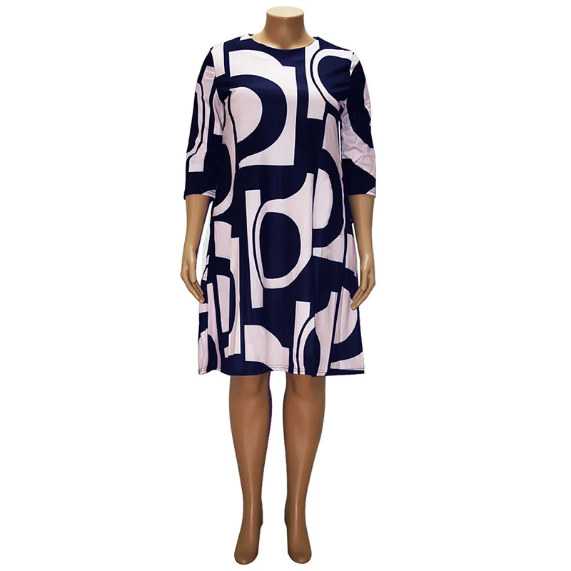 Plus Size Geometric Print Fashion O-Neck Patchwork Pockets Three Quarter Sleeve Knee-Length Dress Spring Autumn Female Clothing