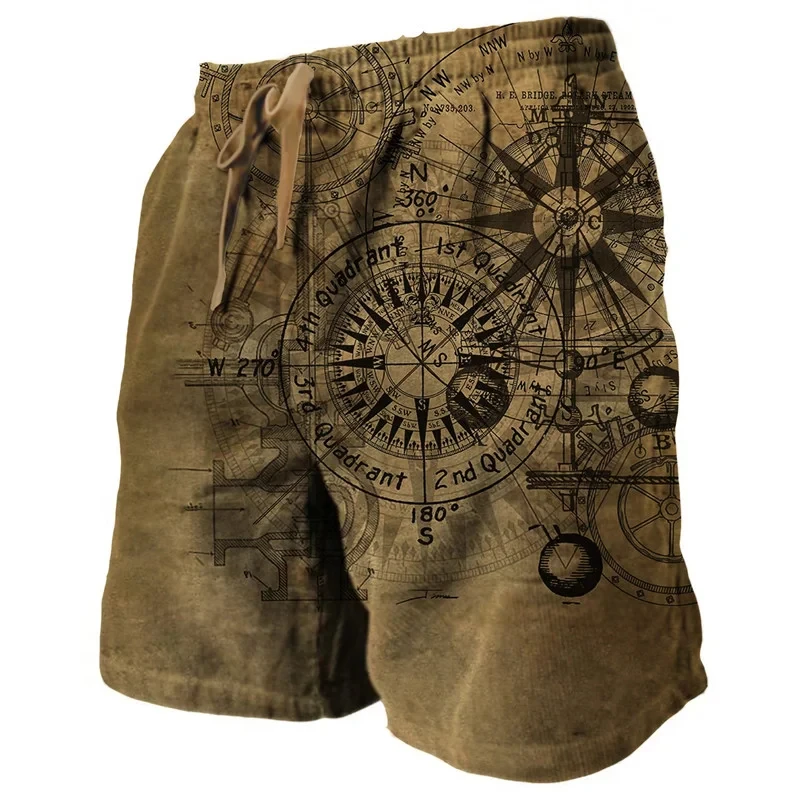 Men's Vintage Beach Shorts Classic Compass 3D Printed Street Hip Hop Men Women Short Pants Breathable Daily Holiday Ice Shorts 2