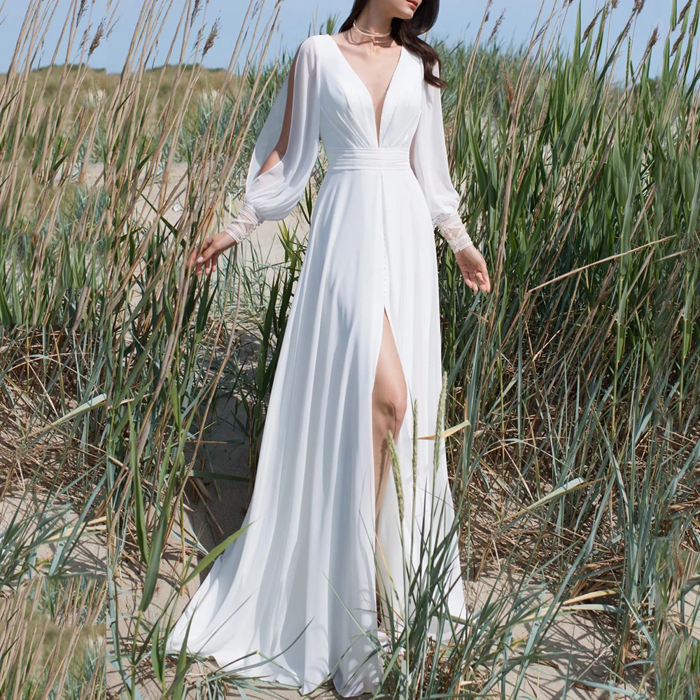 

Simple Chiffon High Slit Wedding Dress Sexy Deep V-Neck Lantern Long Sleeves A-Line Floor Length Bridal Illusion Marriage Gowns