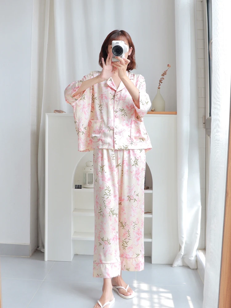 Ice Silk Pajamas Women's Summer Seven-point Sleeve Suit 2023 New Summer High-end Real Silk Satin Home Clothes