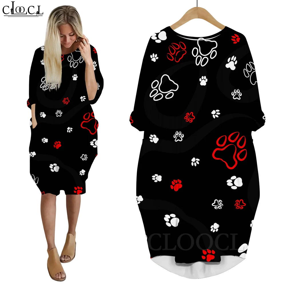 

CLOOCL Dresses Harajuku Paw Print Robe Femme Long Sleeves Crew Neck Pocket Dress Loose Fit Female Pullover Oversized Dress