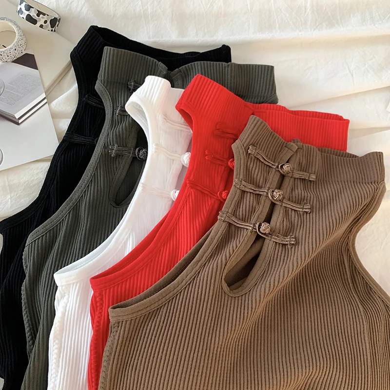 ITOOLIN Elegant Women Chinese Button Tank Tops With Bra Pad O-Neck Sleeveless Tank Tops For Women Sexy Crop Tops All-Match 2024