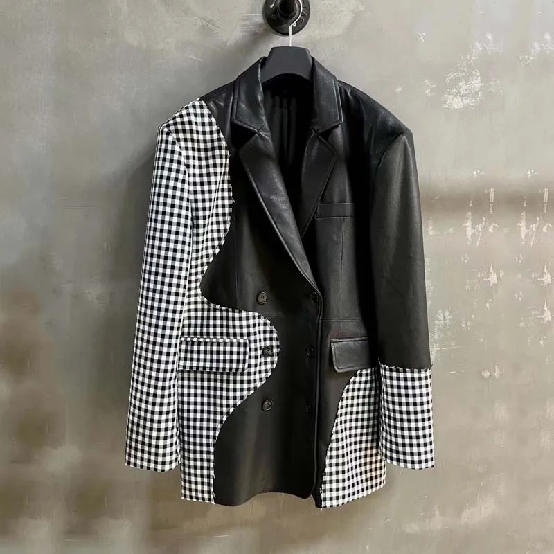 

Women Coat Spring And Autumn Long Length Versatile Stylish Genuine Leather Jacket Patchwork Fabric Double Breasted