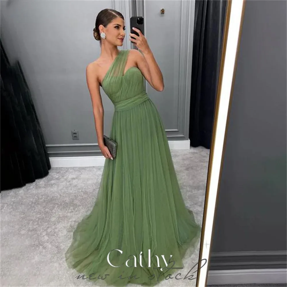 

Cathy Green Prom Dresses Princess One Shoulder A-line فساتين السهرة Elegant Sleeveless Floor-Length Backless Vestidos De Noche