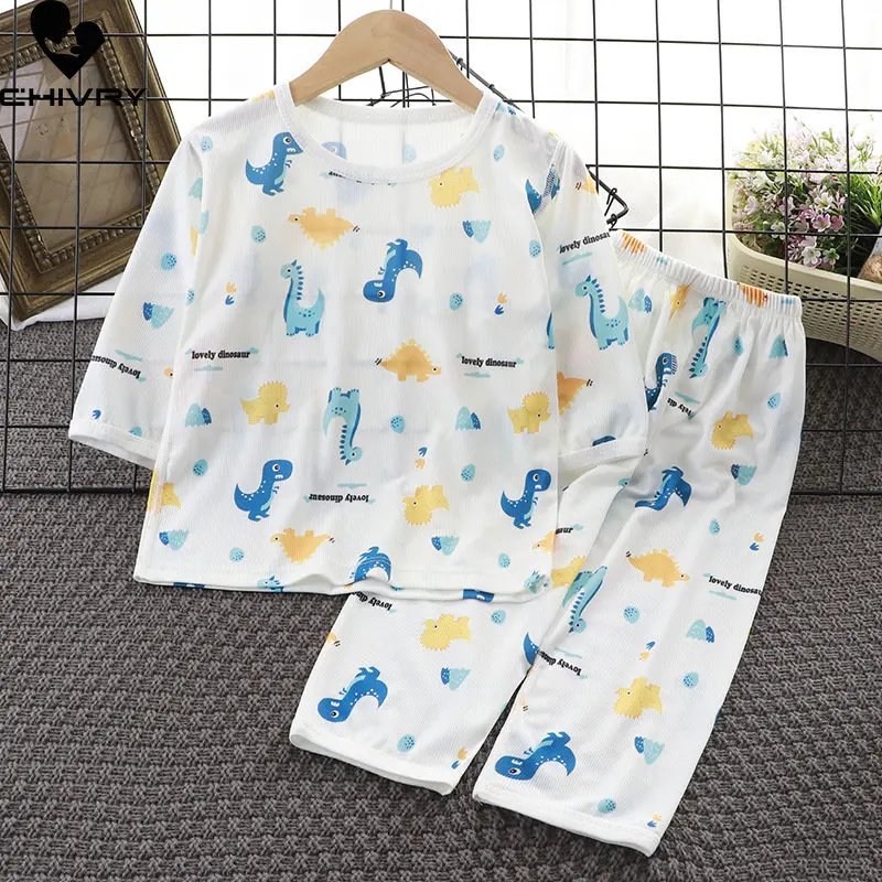 

Kids Summer Thin Pajamas Sets New 2023 Boys Girls Cartoon Three Quarter Sleeve Cute T-Shirt Tops with Pants Baby Boy Sleepwear