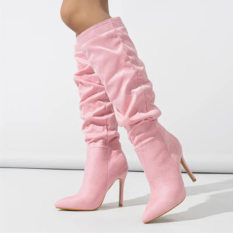 

Женские Плиссированные сапоги до колена Liyke, модные дизайнерские привлекательные сапоги с острым носком, осенне-зимняя мотоциклетная обувь на высоком каблуке