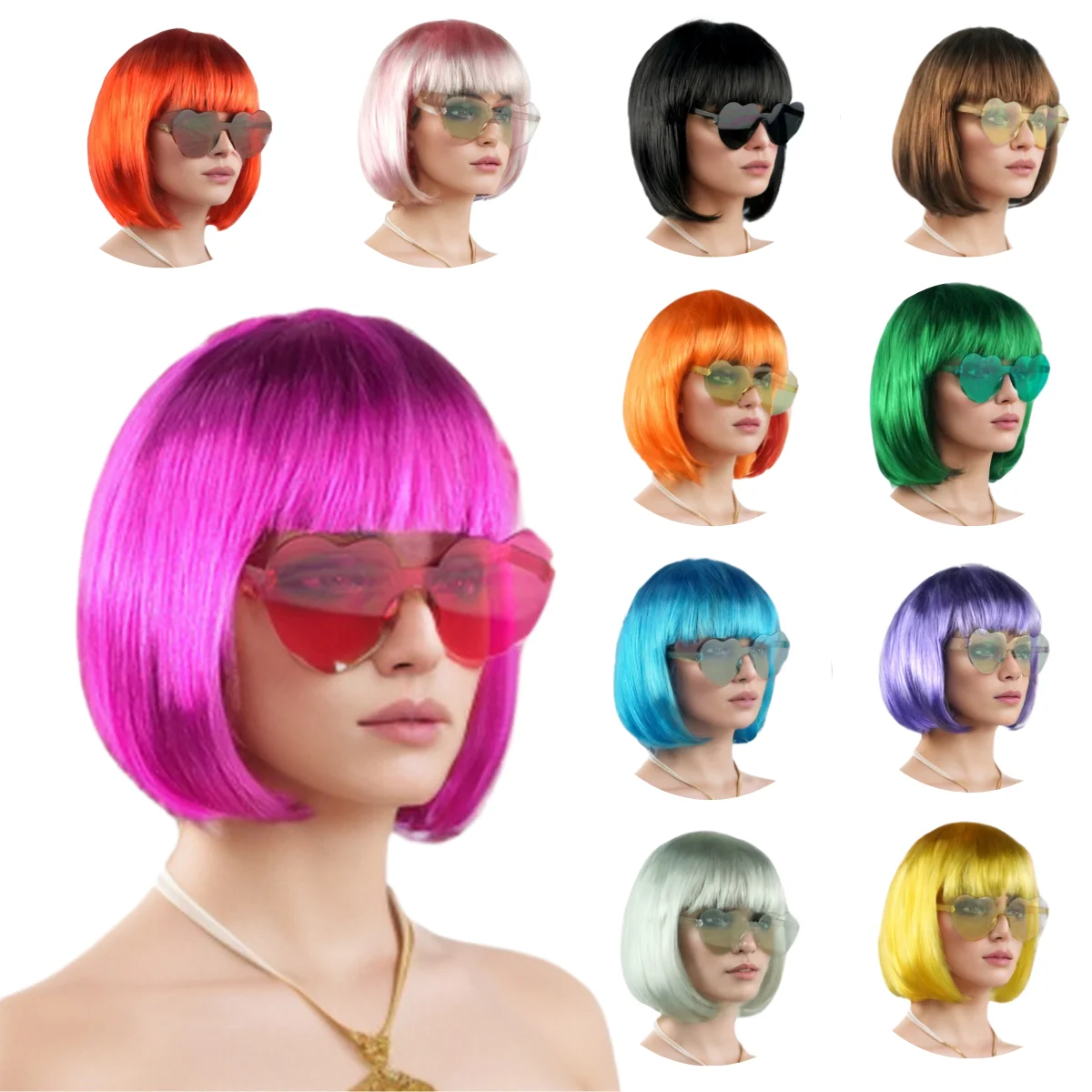 Neon Colorful Short Bobo Hair Wigs Colored Fun Party Costume