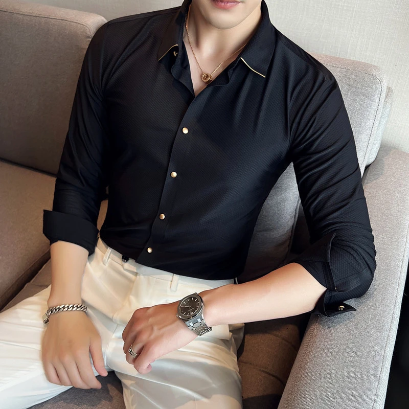 Camisas elásticas sin costuras para hombres Phnom Penh, camisa informal ajustada de larga de alta calidad, de vestir para Negocios Sociales, ropa de calle| - AliExpress