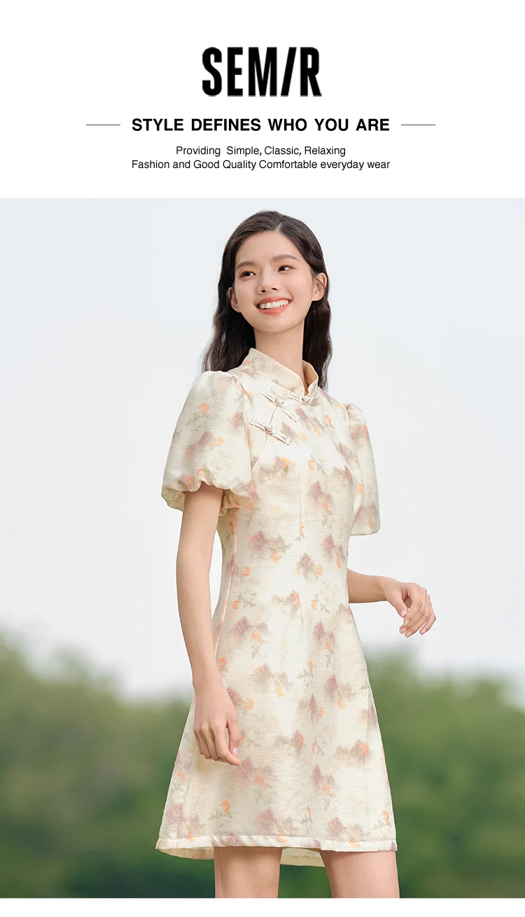 Vestido Cheongsam de verano con mangas abullonadas y estampado de pintura de tinta para mujer