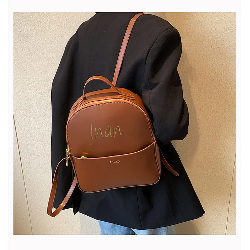 Embroidered Name Women's Retro Backpack PU Soft Leather Casual Outdoor Backpack Fashionable and Simple Backpack 5