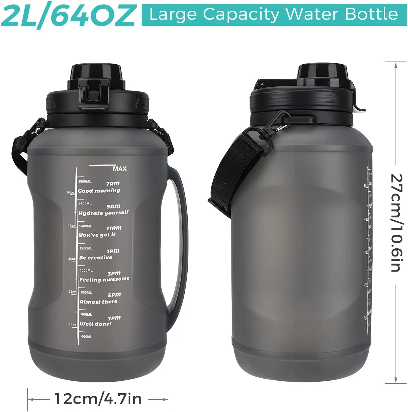 Botella de agua plegable de silicona con pajita, botella de agua plegable  con correa de transporte, gran capacidad, 2l/64OZ, medio galón