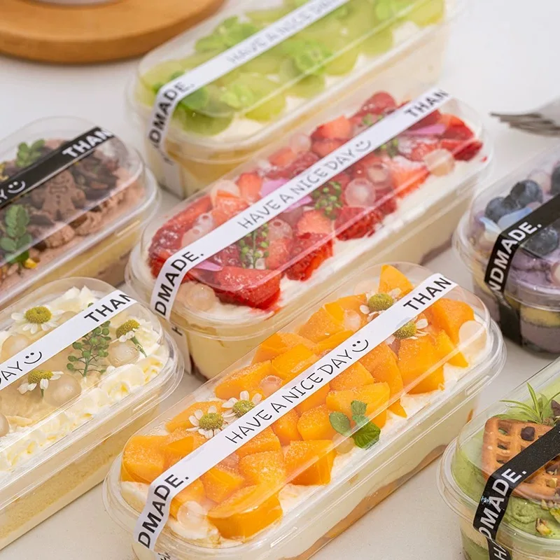 Rechteckige Dessertverpackungsbox, Sojamilchkuchen, Mille-Feuille-Mousse, Einweg-Backbox zum Mitnehmen, Tiramisu-Box, Kuchenbox, 20 Stück + Aufkleber