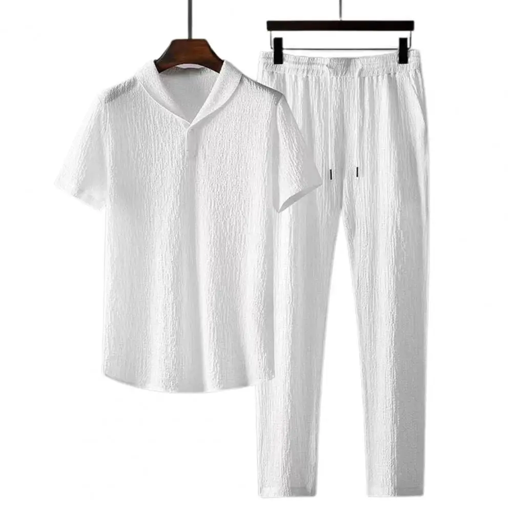 2Pcs/Set Summer Men's Suit Elastic Waistband Pleated Casual Outfit Men Business Short Sleeve Shirts Long Pants Set Male Clothing kaftan suits for men pleated long sleeved top pants fashion men s set traditional 2pcs outfits clothing gentleman wear wedding