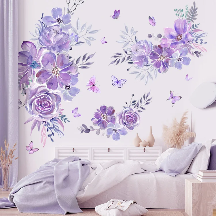 Extra große lila Blumen Wandaufkleber Wohnzimmer Schlafzimmer Hintergrund verschönern Dekor Wandbild Home Dekoration selbstklebende Aufkleber – Detail 4