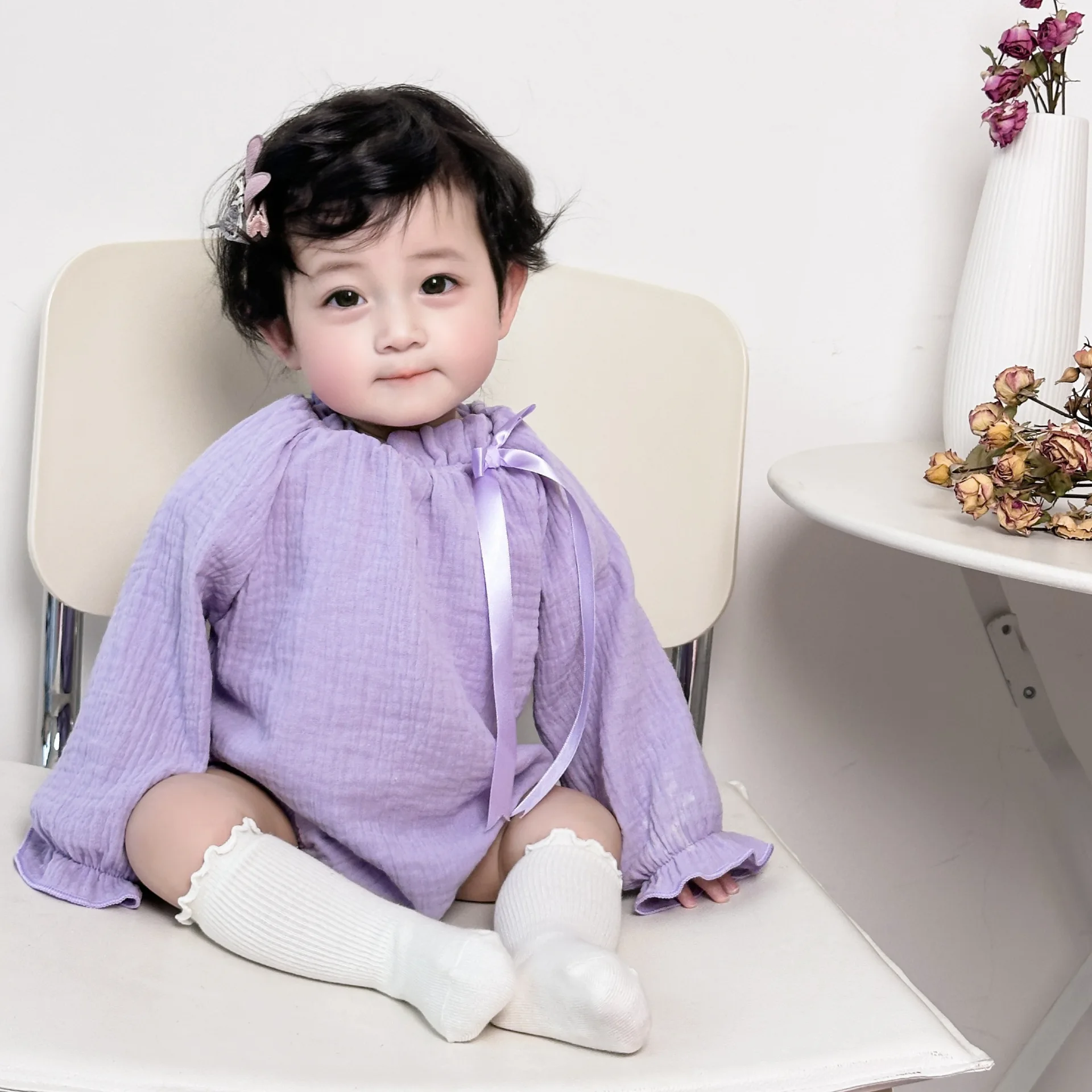 

2024 Spring New Baby Girl Long Sleeve Bodysuit Infant Girl Fashion Versatile Bow Jumpsuit Newborn Toddler Cotton Clothes 0-24M