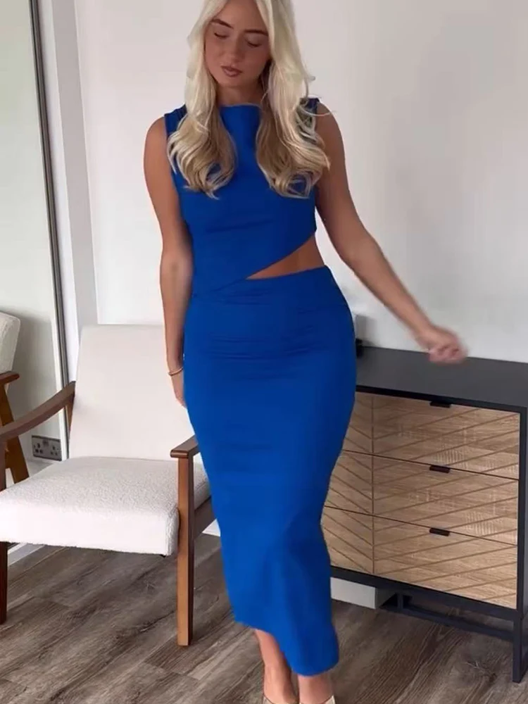 TFMLN New Female Midi Dress Tight Sleeveless Round Collar Bodycon Chic Hollow Out Design Dresses Casual Beach Streetwear Summer