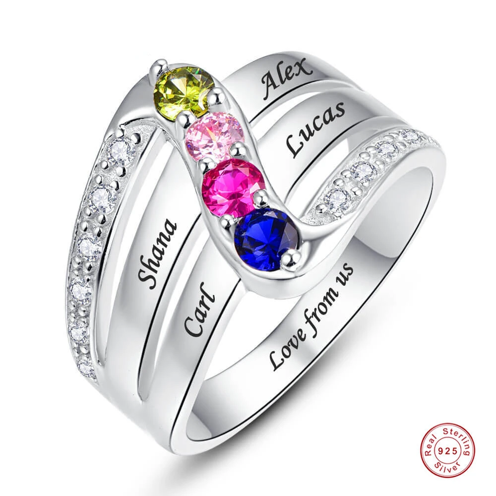 925 Silver Wedding Ring Customized Zircon Round Gem 4 Birthstone 4 Names Text Women's Rings