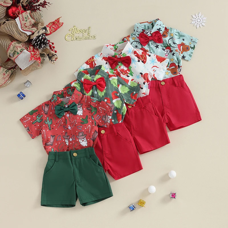 

Little Boy Shorts Set Christmas Santa Claus Print Shirt And Shorts Outfits Toddler Shorts Suits 6 Months-4 Years Hot Sale