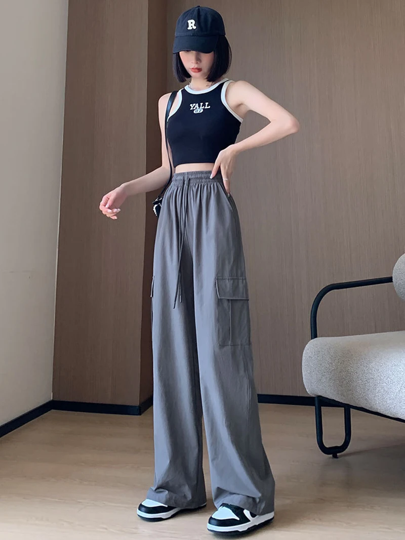 VOLEEMI Women's Casual Wide Leg Loose Fit Cargo Pants Summer Thin High Waist Straight Floor Length Quick Drying Sweatpants