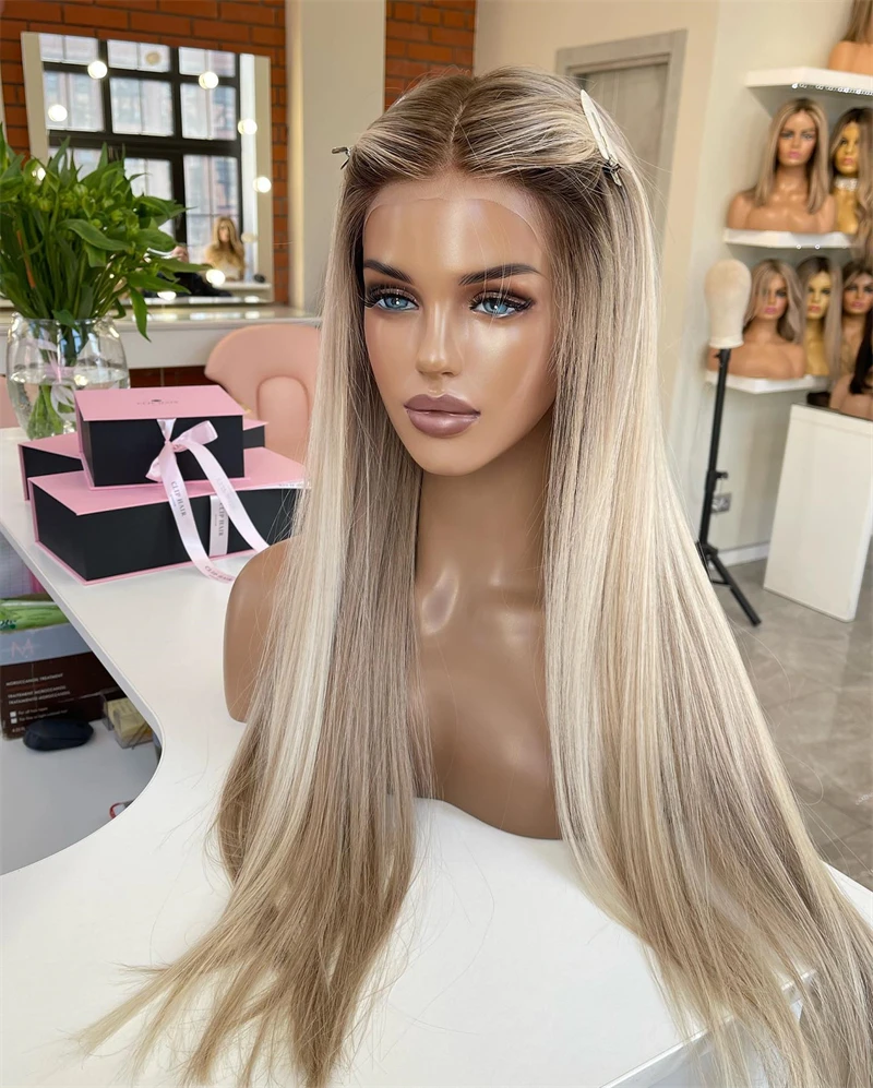 Synthetic Wig Women Soft Straight Futura Lace Frontal Ombre Ash Blonde HD Transparent Clear Lace Cosplay