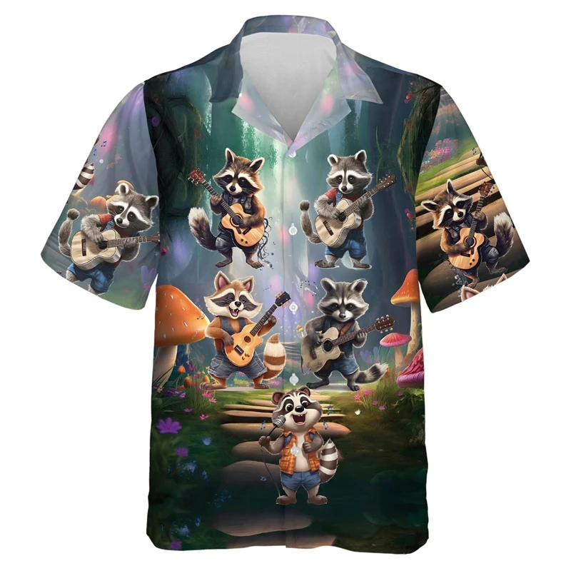 thumbnail image 1 of Camisas con estampado 3D de animales lindos y gráficos de mapache kawaii para hombres, camisas de playa, blusas casuales de manga corta con solapa y botones para vacaciones, 1 of 5