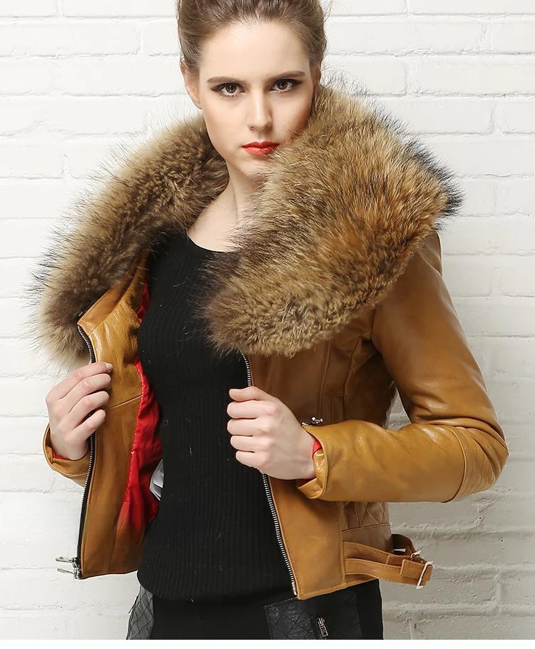 

Motorcycle Genuine Leather Jacket Women Natural Sheepskin Coats Female Raccoon Fur Collar Jackets Fashion Couro Genuino Fem 2023