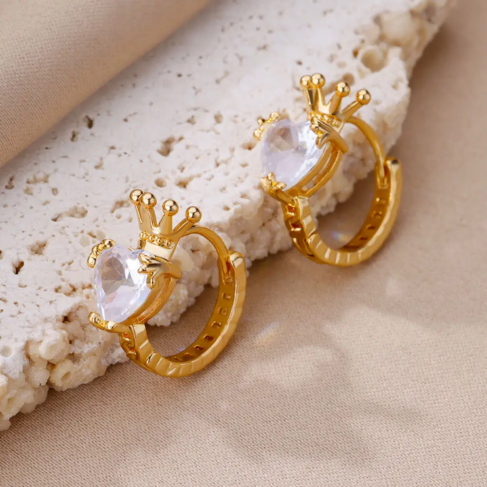 Fashion Stainless Steel Zircon Crown Heart Stud Earrings for Women