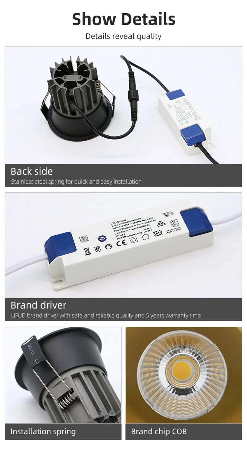 Anti-glare LED COB Spotlight 12W 15W 18W Dimmable Recessed Downlight 7W 10W 60&deg; All Aluminum 2200K 2700K 3500K Interior lighting