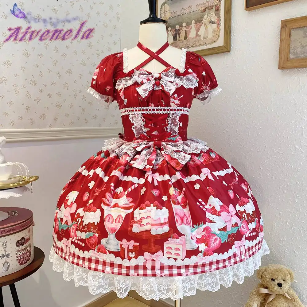 Lolita OP Short Sleeve Dress Sweet Lolita Dresses Female Soft Girls Printed Strawberry Fungus Women Lace Dress AFC3093