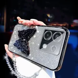 Fashion Butterfly Crystal Bracelet Glitter Plating Phone Holder Case with Bracket Back Cover for Xiaomi Poco C71 (Black)