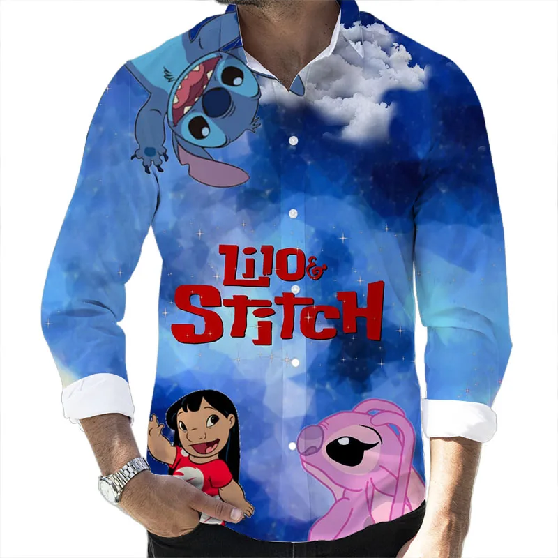 Lilo and Stitch and Mickey Mouse Anime Street Style 2024 Spring Harajuku New Fashion Casual Lapel Shirt Men's Long Sleeve Shirt