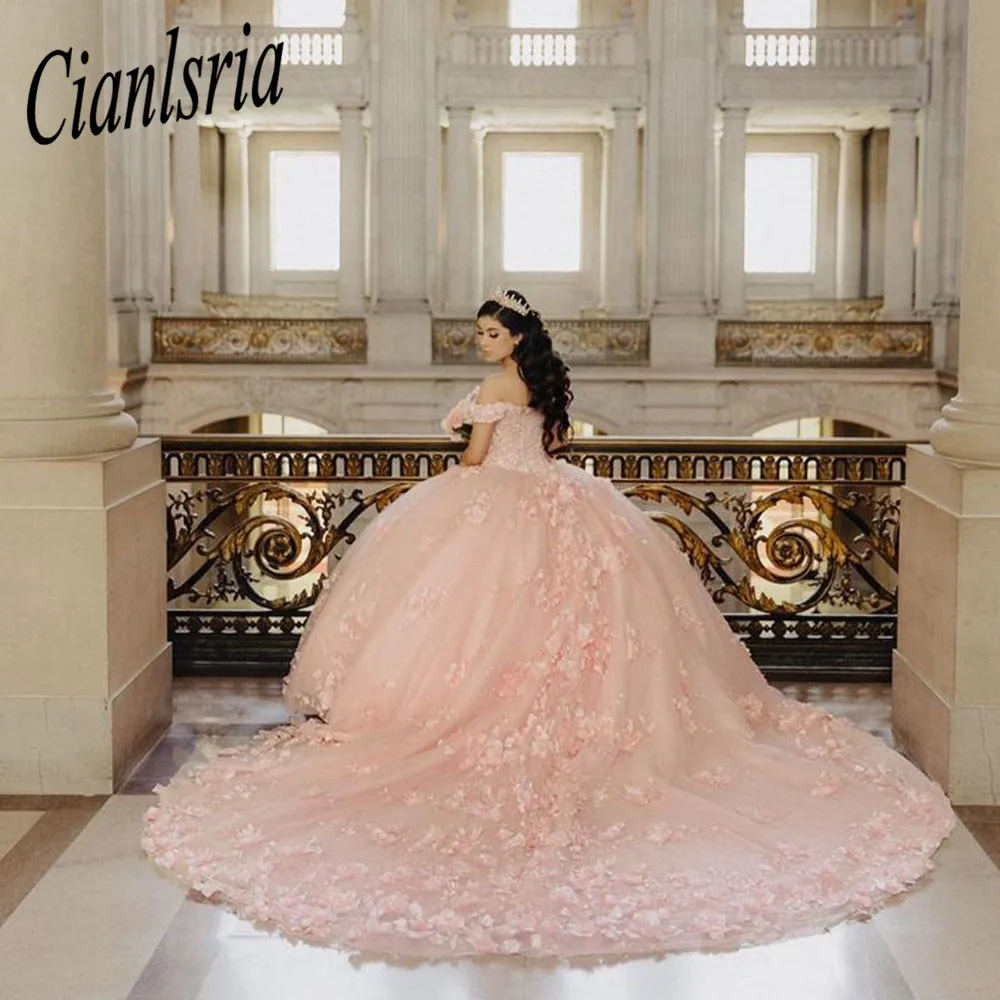 

Luxury Pink Quinceanera Dresses 2023 Off The Shoulder party dresses Applique Sweet 16 Dress Lace-Up Birthday Custom