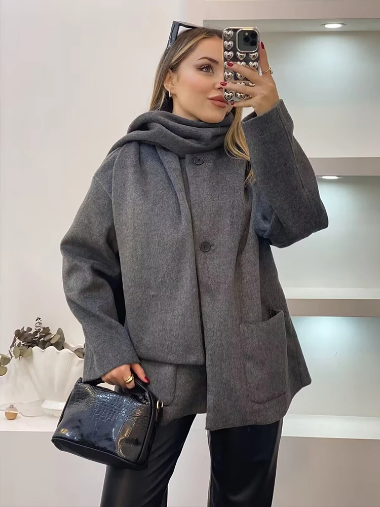 Women's Elegant Scarf Collar Jacket Fashion High Quality Autumn Winter Long Sleeve Coat 2025 New Lady Commuter Casual Outerwear