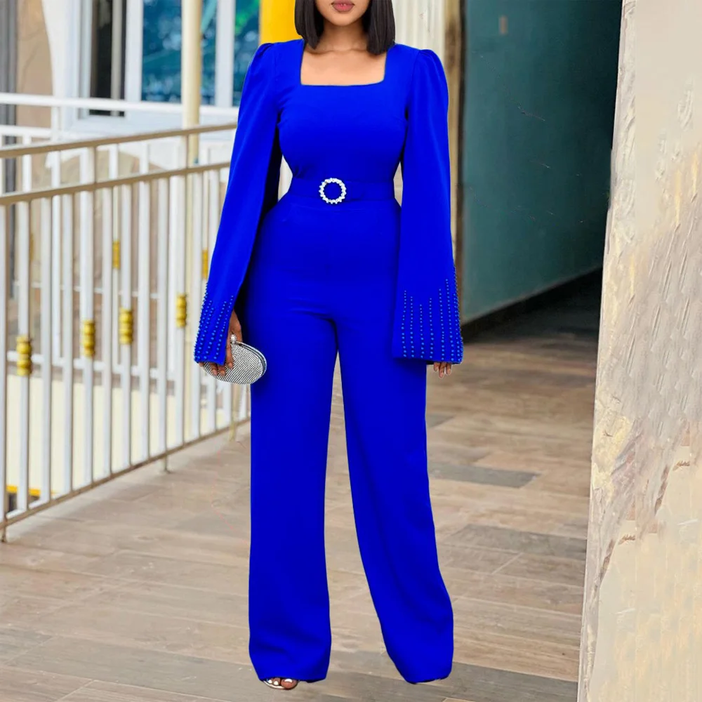 ElegantJumpsuitsRompersforWomenSquareNeckFlyingSleeveBeaded