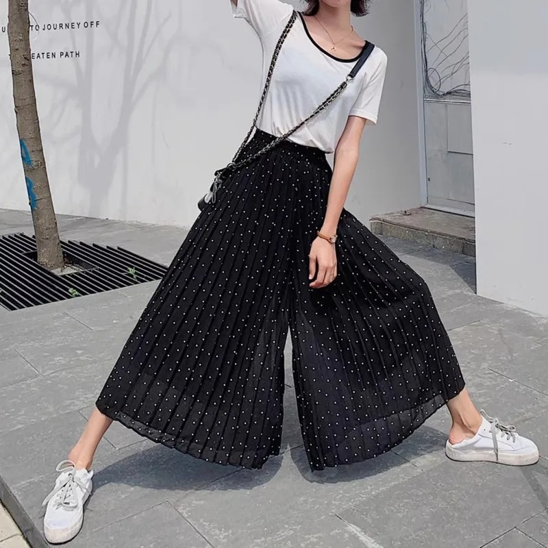 Women's Spring Summer Solid Polka Dot Shirring Wide Leg Casual Loose Elastic High Waisted Sports Trousers Office Lady Pants